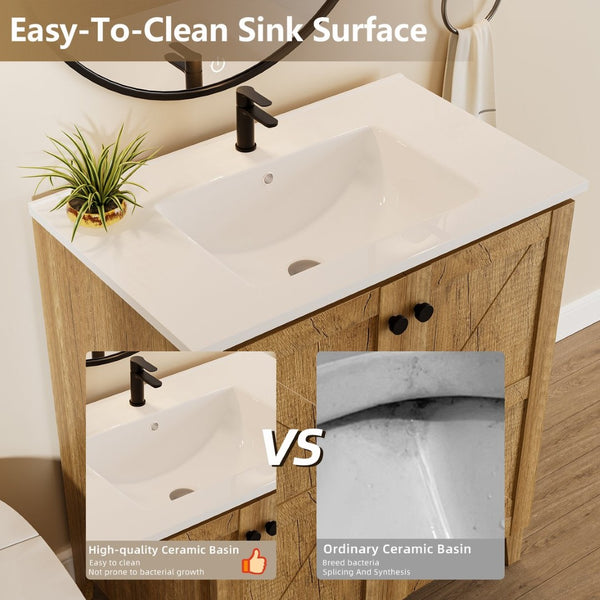 English Elm 30Inch Golden Oak Bathroom Floor Cabinet Snap Fold Engineered Wood American Style W3520S00021
