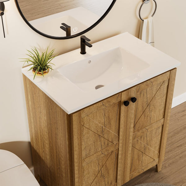 English Elm 30Inch Golden Oak Bathroom Floor Cabinet Snap Fold Engineered Wood American Style W3520S00021