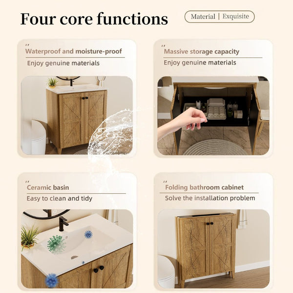 English Elm 30Inch Golden Oak Bathroom Floor Cabinet Snap Fold Engineered Wood American Style W3520S00021
