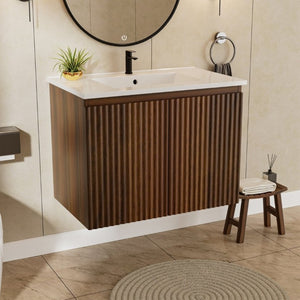 English Elm 24Inch Folding Wall Cabinet Walnut Finish Moisture Resistant Bathroom Storage Modern Walnut W3520S00022