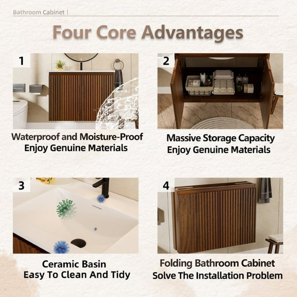 English Elm 24Inch Folding Wall Cabinet Walnut Finish Moisture Resistant Bathroom Storage Modern Walnut W3520S00022