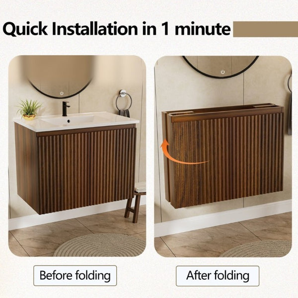 English Elm 24Inch Folding Wall Cabinet Walnut Finish Moisture Resistant Bathroom Storage Modern Walnut W3520S00022