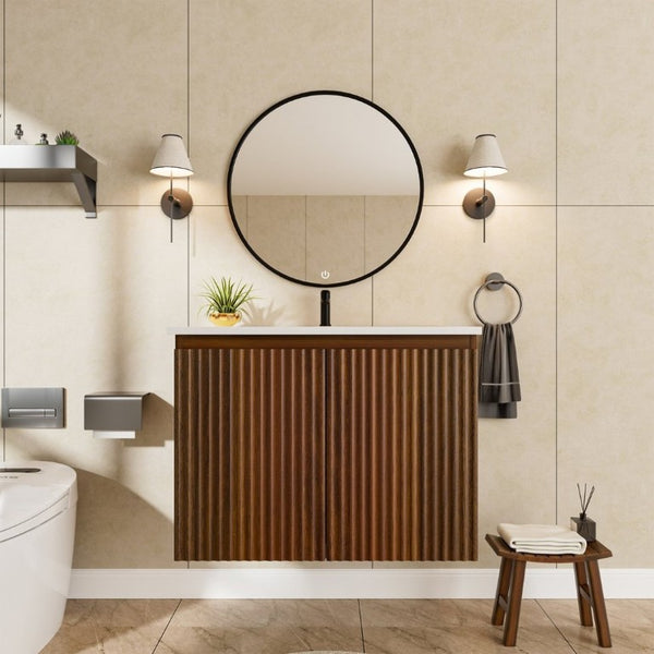 English Elm 24Inch Folding Wall Cabinet Walnut Finish Moisture Resistant Bathroom Storage Modern Walnut W3520S00022