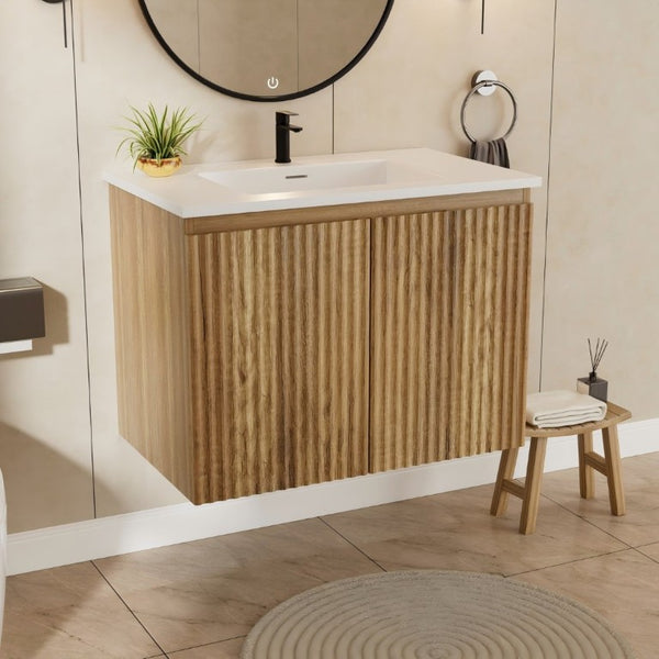 English Elm 24Inch Folding Wall Cabinet Walnut Finish Moisture Resistant Bathroom Storage Modern Golden Oak W3520S00023