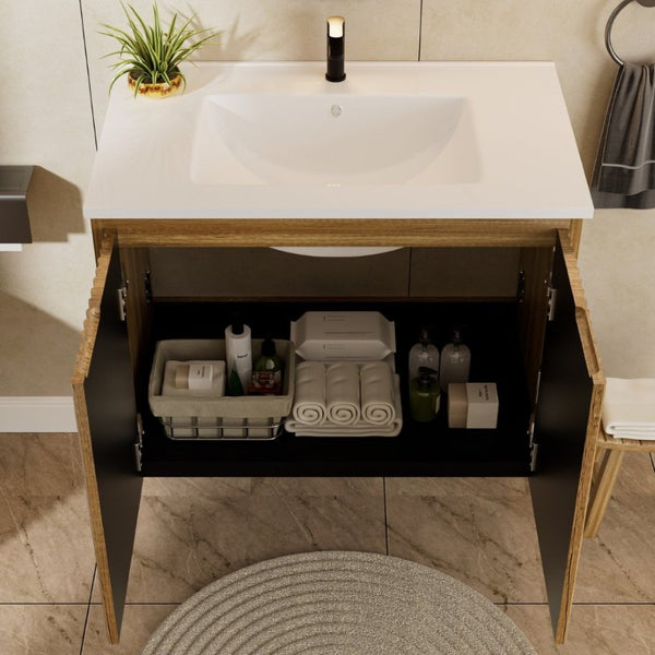 English Elm 24Inch Folding Wall Cabinet Walnut Finish Moisture Resistant Bathroom Storage Modern Golden Oak W3520S00023