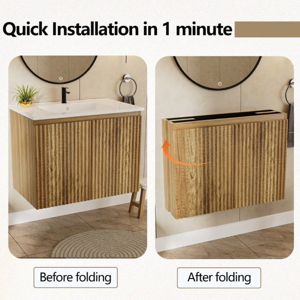 English Elm 24Inch Folding Wall Cabinet Walnut Finish Moisture Resistant Bathroom Storage Modern Golden Oak W3520S00023