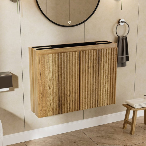 English Elm 24Inch Folding Wall Cabinet Walnut Finish Moisture Resistant Bathroom Storage Modern Golden Oak W3520S00023