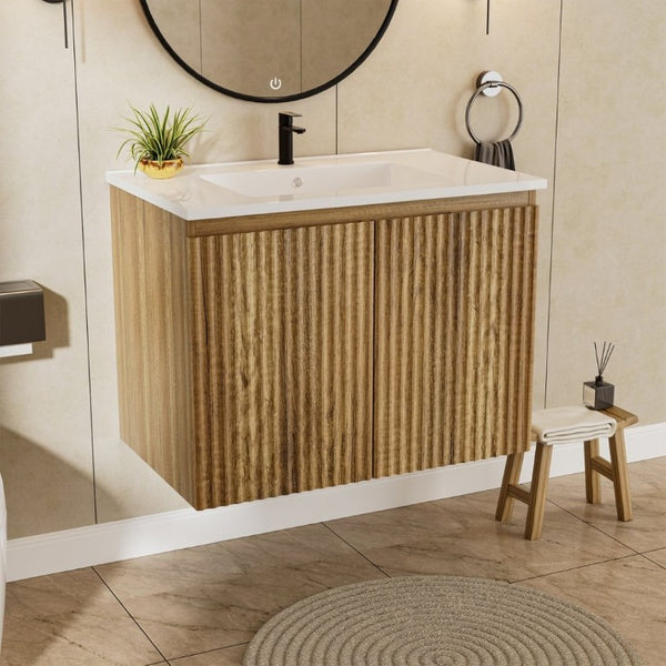 English Elm 24Inch Folding Wall Cabinet Walnut Finish Moisture Resistant Bathroom Storage Modern Golden Oak W3520S00023