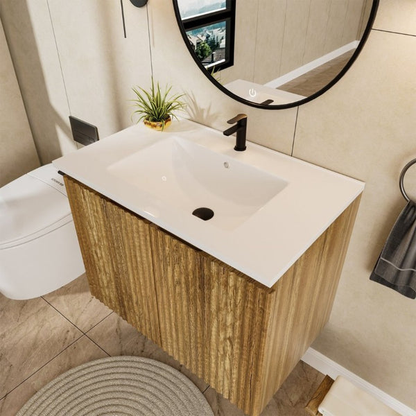 English Elm 24Inch Folding Wall Cabinet Walnut Finish Moisture Resistant Bathroom Storage Modern Golden Oak W3520S00023