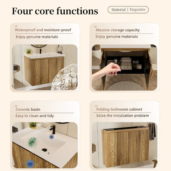 English Elm 24Inch Folding Wall Cabinet Walnut Finish Moisture Resistant Bathroom Storage Modern Golden Oak W3520S00023