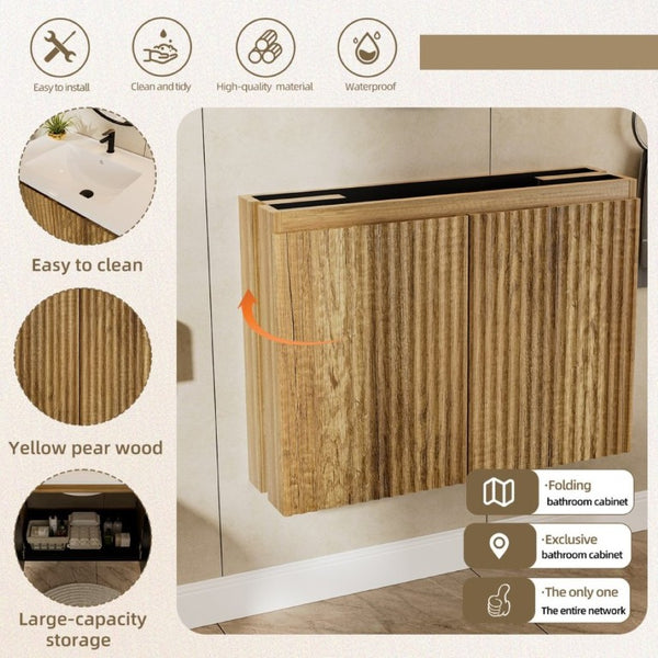 English Elm 24Inch Folding Wall Cabinet Walnut Finish Moisture Resistant Bathroom Storage Modern Golden Oak W3520S00023