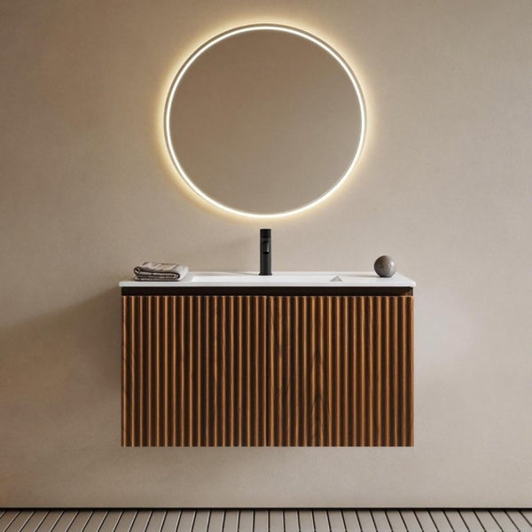 English Elm 36Inch Walnut Wall Cabinet Folding Bathroom Storage with Embossed Panel Modern Design W3520S00034