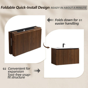 English Elm 36Inch Walnut Wall Cabinet Folding Bathroom Storage with Embossed Panel Modern Design W3520S00034