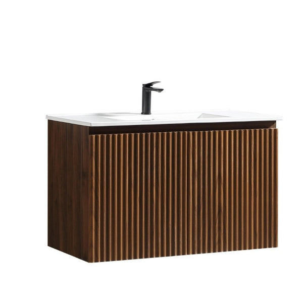 English Elm 36Inch Walnut Wall Cabinet Folding Bathroom Storage with Embossed Panel Modern Design W3520S00034