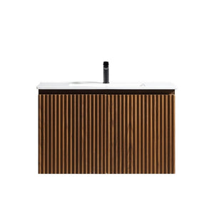 English Elm 36Inch Walnut Wall Cabinet Folding Bathroom Storage with Embossed Panel Modern Design W3520S00034