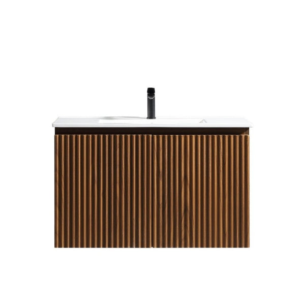 English Elm 36Inch Walnut Wall Cabinet Folding Bathroom Storage with Embossed Panel Modern Design W3520S00034