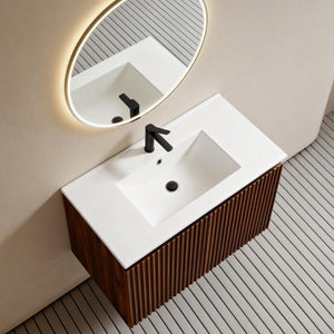English Elm 36Inch Walnut Wall Cabinet Folding Bathroom Storage with Embossed Panel Modern Design W3520S00034