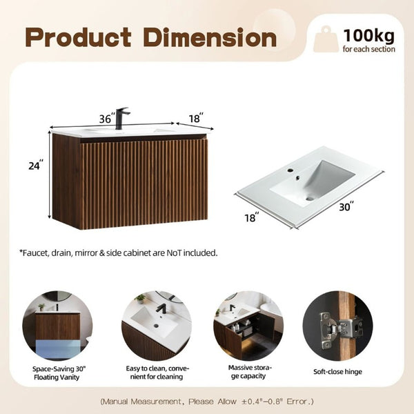 English Elm 36Inch Walnut Wall Cabinet Folding Bathroom Storage with Embossed Panel Modern Design W3520S00034