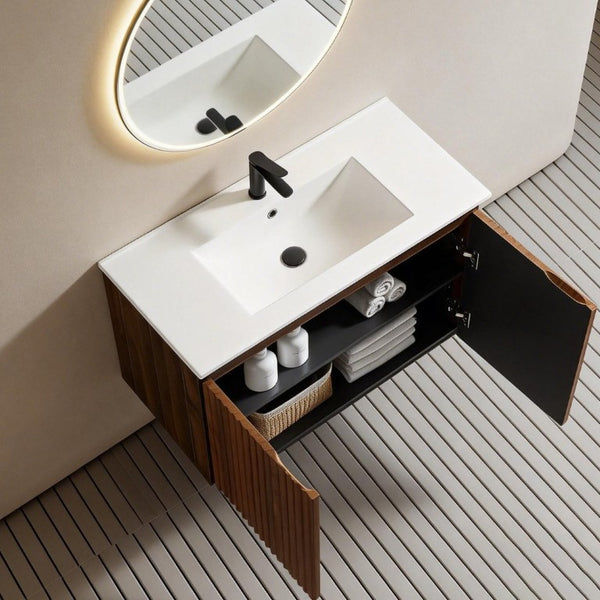 English Elm 36Inch Walnut Wall Cabinet Folding Bathroom Storage with Embossed Panel Modern Design W3520S00034