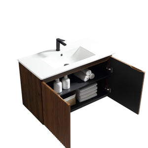 English Elm 36Inch Walnut Wall Cabinet Folding Bathroom Storage with Embossed Panel Modern Design W3520S00034