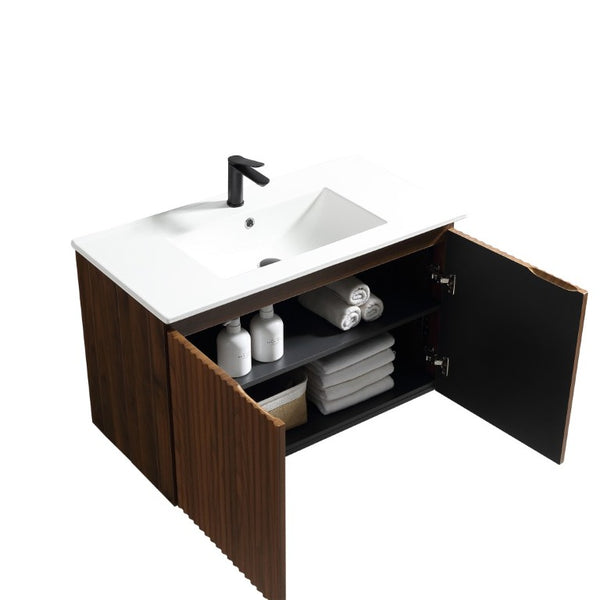 English Elm 36Inch Walnut Wall Cabinet Folding Bathroom Storage with Embossed Panel Modern Design W3520S00034
