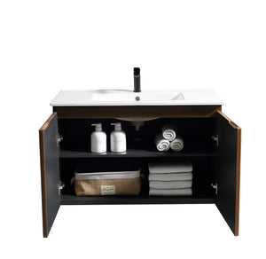 English Elm 36Inch Walnut Wall Cabinet Folding Bathroom Storage with Embossed Panel Modern Design W3520S00034