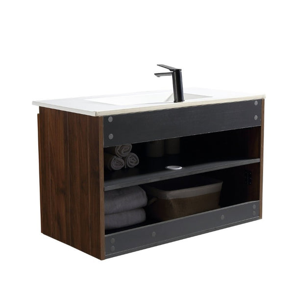 English Elm 36Inch Walnut Wall Cabinet Folding Bathroom Storage with Embossed Panel Modern Design W3520S00034