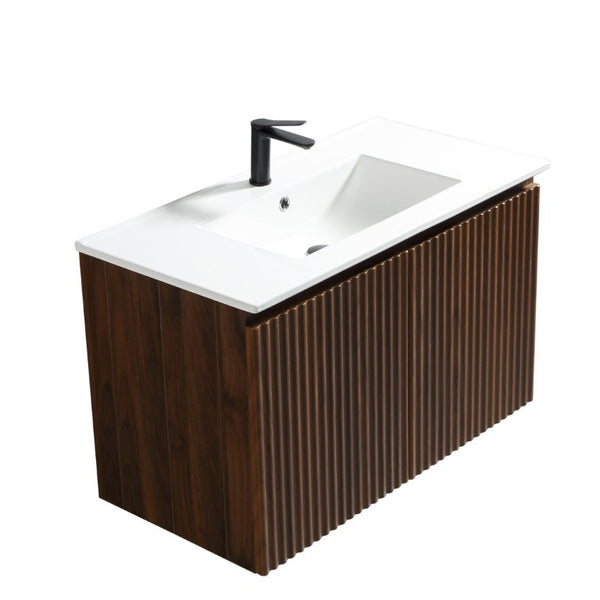 English Elm 36Inch Walnut Wall Cabinet Folding Bathroom Storage with Embossed Panel Modern Design W3520S00034
