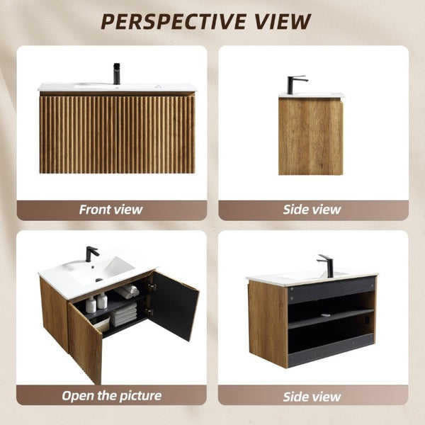 English Elm 36Inch Wall Mounted Folding Cabinet Modern Bathroom Storage with Tool Free Install W3520S00035