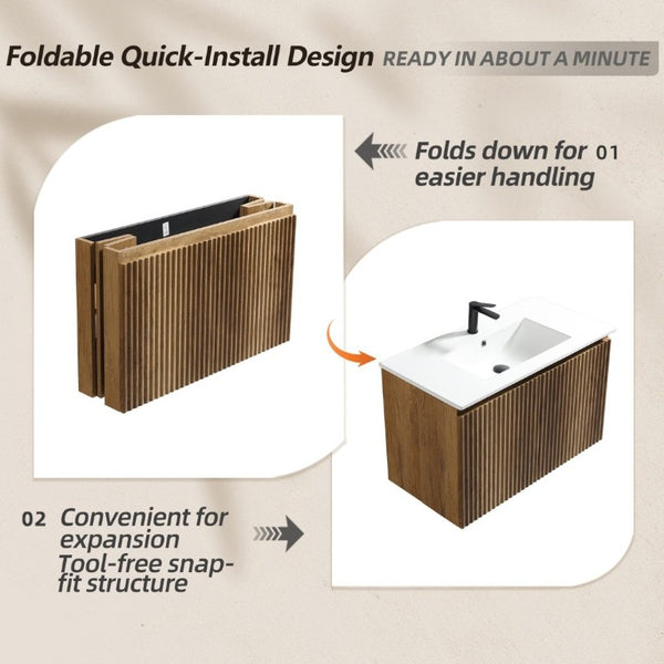 English Elm 36Inch Wall Mounted Folding Cabinet Modern Bathroom Storage with Tool Free Install W3520S00035