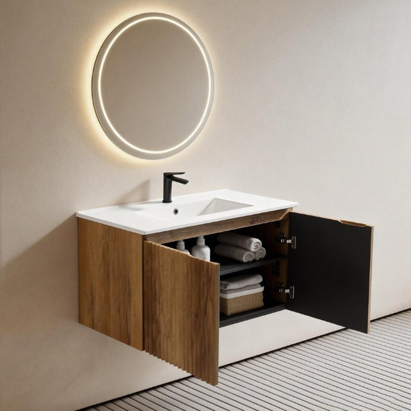 English Elm 36Inch Wall Mounted Folding Cabinet Modern Bathroom Storage with Tool Free Install W3520S00035