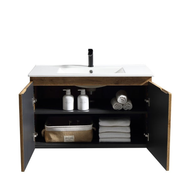 English Elm 36Inch Wall Mounted Folding Cabinet Modern Bathroom Storage with Tool Free Install W3520S00035