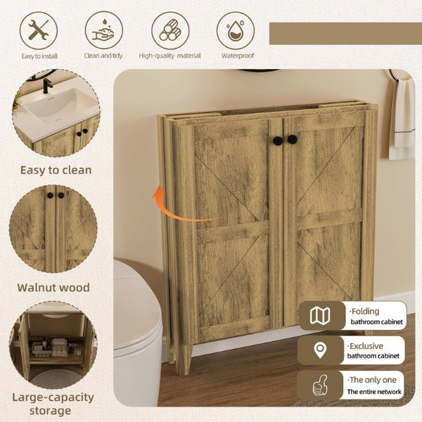English Elm 36Inch Antique Grey Freestanding Bathroom Cabinet with Embossed Panels and Tool-Free Setup W3520S00036