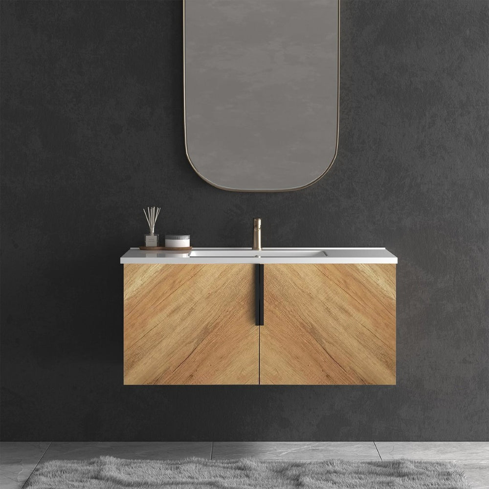 English Elm 36 Inch Floating Bathroom Vanity with Fluted Panels Ceramic Sink and Matte Finish W3520S00048
