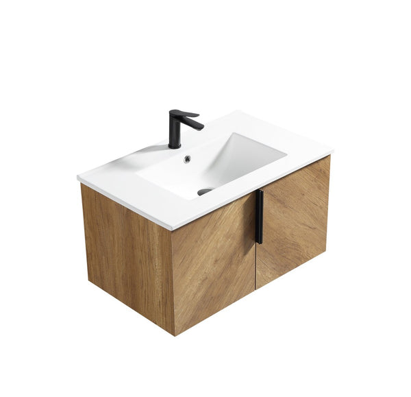 English Elm 36 Inch Floating Bathroom Vanity with Fluted Panels Ceramic Sink and Matte Finish W3520S00048