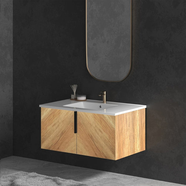 English Elm 36 Inch Floating Bathroom Vanity with Fluted Panels Ceramic Sink and Matte Finish W3520S00048