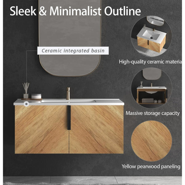 English Elm 36 Inch Floating Bathroom Vanity with Fluted Panels Ceramic Sink and Matte Finish W3520S00048
