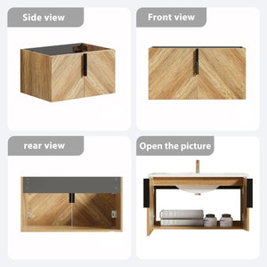 English Elm 36 Inch Floating Bathroom Vanity with Fluted Panels Ceramic Sink and Matte Finish W3520S00048
