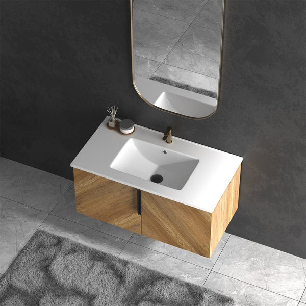 English Elm 36 Inch Floating Bathroom Vanity with Fluted Panels Ceramic Sink and Matte Finish W3520S00048