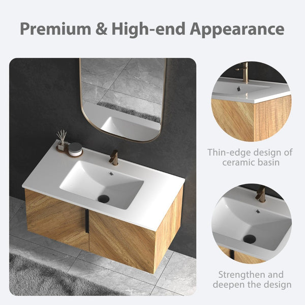 English Elm 36 Inch Floating Bathroom Vanity with Fluted Panels Ceramic Sink and Matte Finish W3520S00048