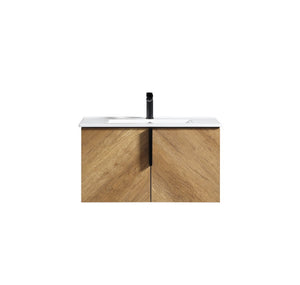 English Elm 36 Inch Floating Bathroom Vanity with Fluted Panels Ceramic Sink and Matte Finish W3520S00048