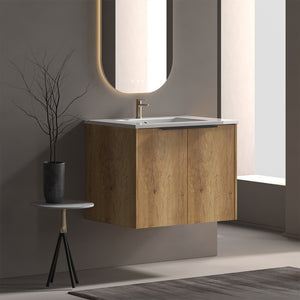 English Elm 30 Inch Floating Bathroom Vanity with Fluted Panels and Seamless Ceramic Integrated Sink W3520S00049