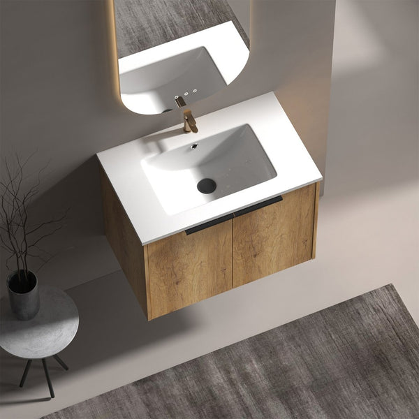 English Elm 30 Inch Floating Bathroom Vanity with Fluted Panels and Seamless Ceramic Integrated Sink W3520S00049