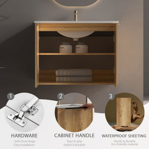 English Elm 30 Inch Floating Bathroom Vanity with Fluted Panels and Seamless Ceramic Integrated Sink W3520S00049