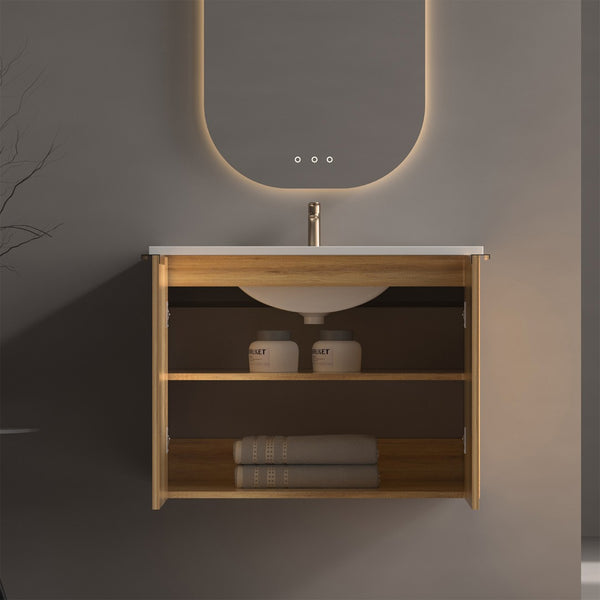 English Elm 30 Inch Floating Bathroom Vanity with Fluted Panels and Seamless Ceramic Integrated Sink W3520S00049