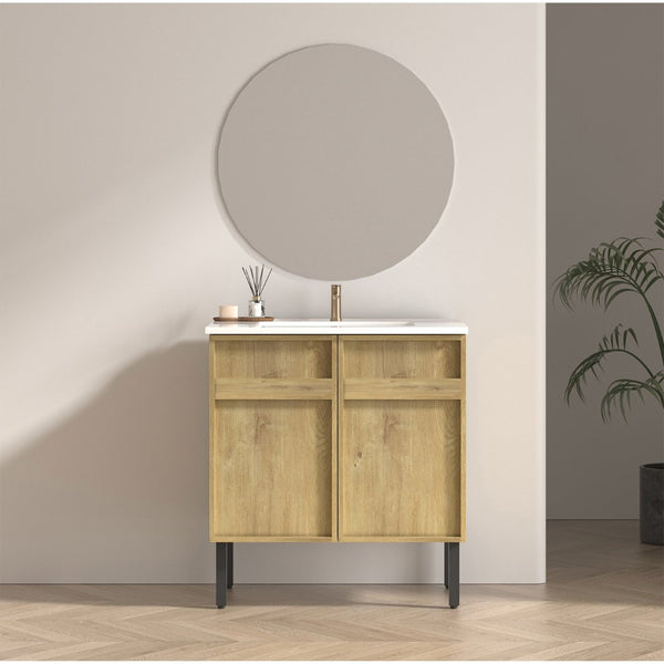 English Elm 30Inch Floor Standing Bathroom Vanity Sculptural Grooved Cabinet with Seamless Ceramic Basin W3520S00050