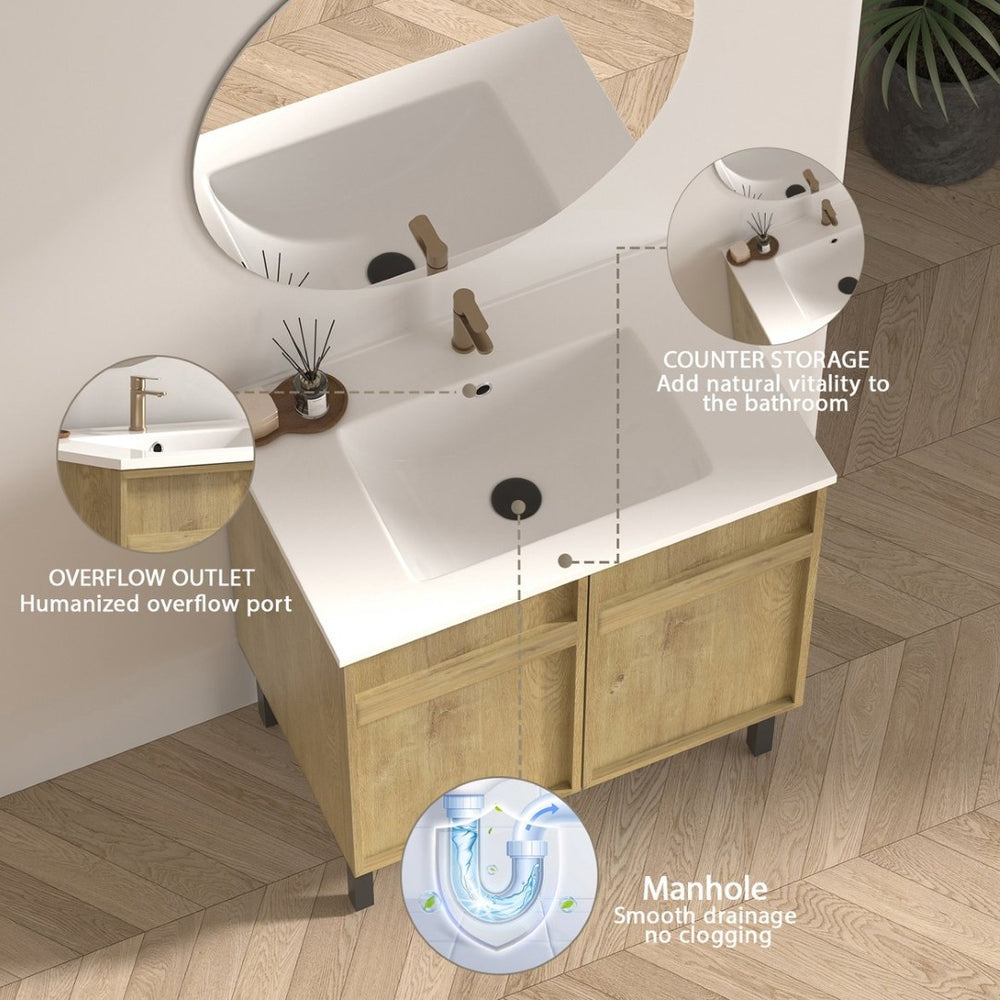 English Elm 30Inch Floor Standing Bathroom Vanity Sculptural Grooved Cabinet with Seamless Ceramic Basin W3520S00050