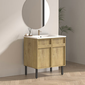 English Elm 30Inch Floor Standing Bathroom Vanity Sculptural Grooved Cabinet with Seamless Ceramic Basin W3520S00050