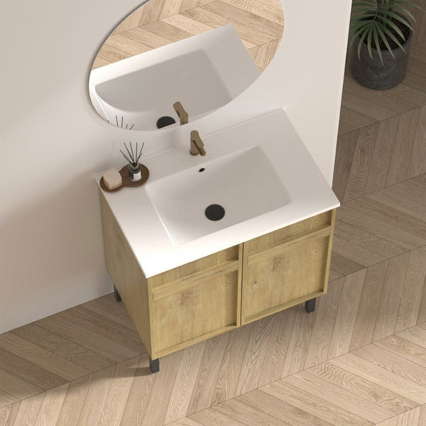English Elm 30Inch Floor Standing Bathroom Vanity Sculptural Grooved Cabinet with Seamless Ceramic Basin W3520S00050