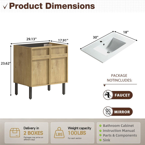 English Elm 30Inch Floor Standing Bathroom Vanity Sculptural Grooved Cabinet with Seamless Ceramic Basin W3520S00050